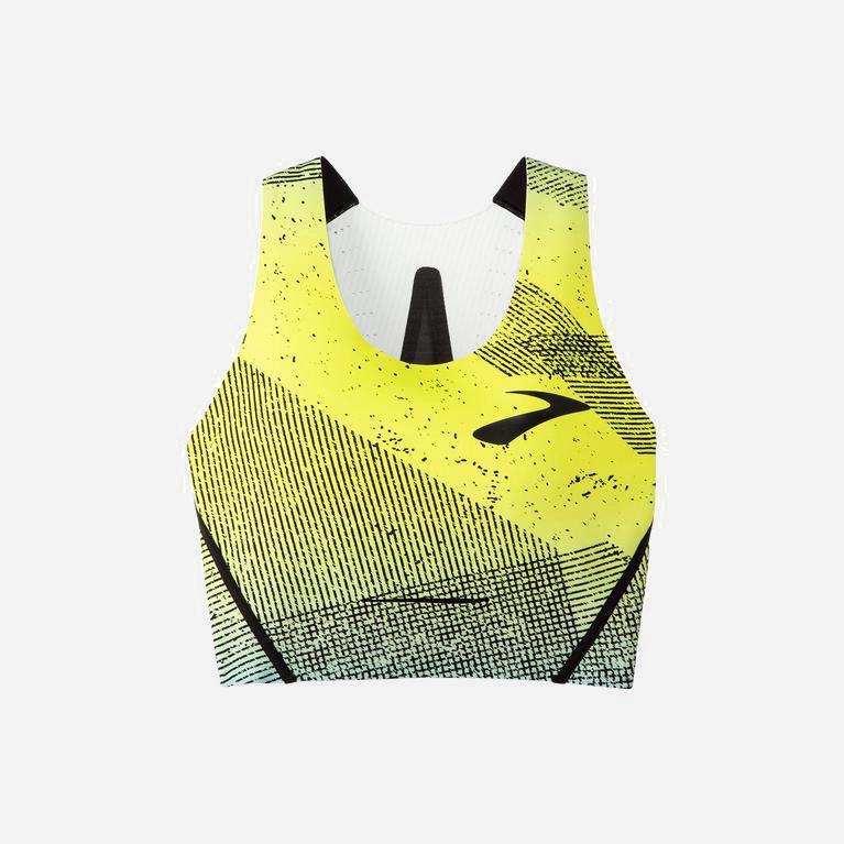 Brooks Elite Crop Israel - Women's Running Bra - Mavericks Lightning Print/GreenYellow (43059-OELB)